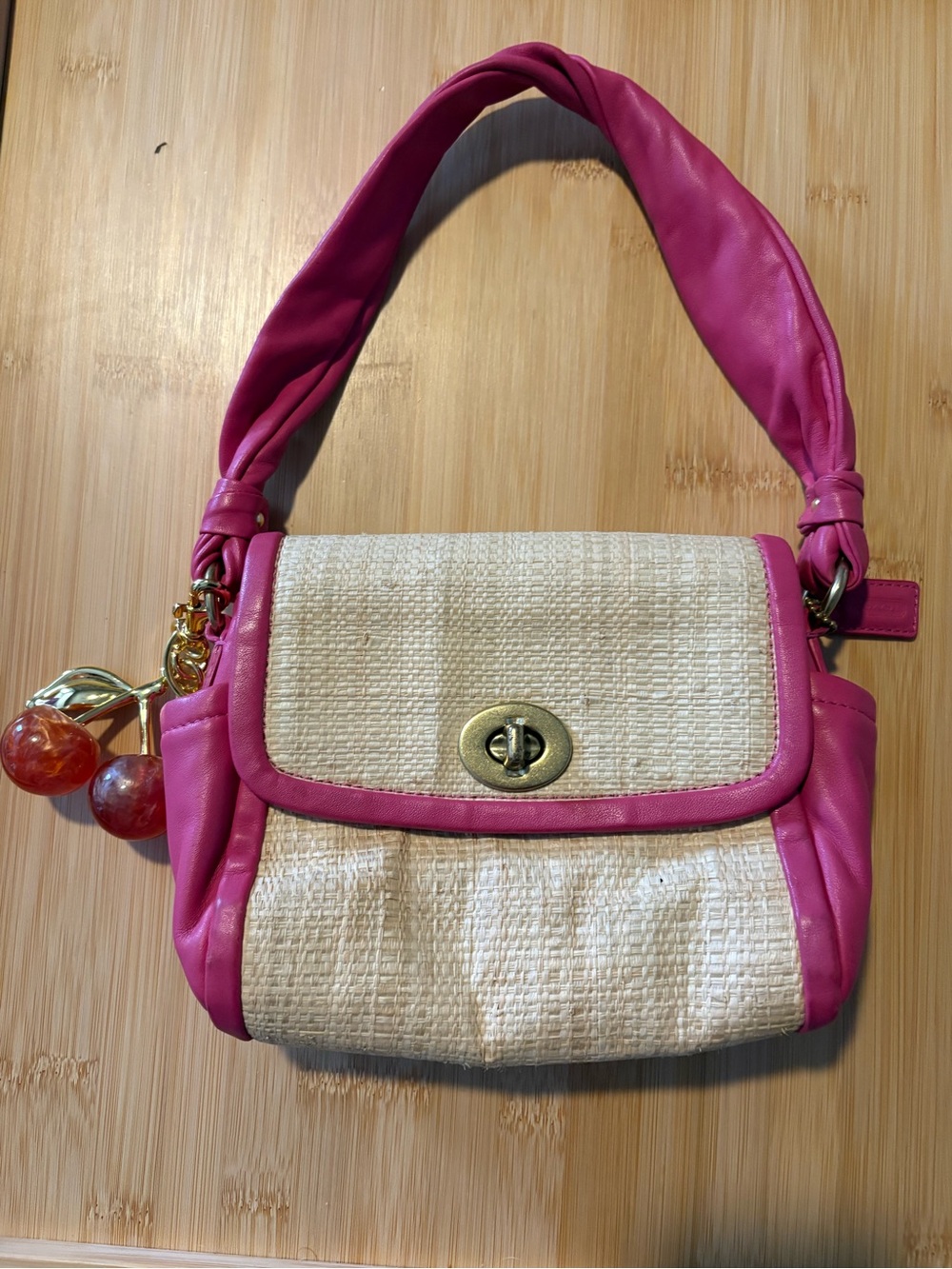 Vintage Coach Parker Pink Trim Woven Straw Shoulder Bag with Cherry Charm EUC